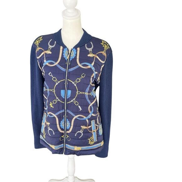 J. McLaughlin Andie Equestrian Print Navy Puffer Sweater Jacket Medium - Picture 5 of 10